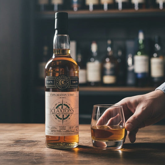 Schwarzbach Spirits Deanston 11 Year Oloroso Sherry Cask single malt Scotch whisky bottle and glass.