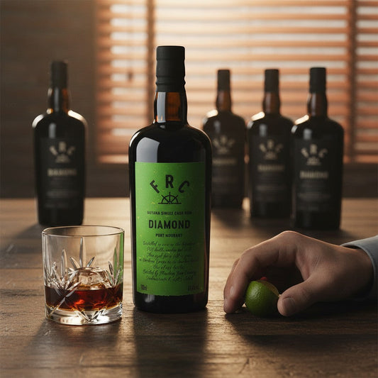 Schwarzbach Spirits FRC Diamond Port Mourant 2010/2025 single cask rum in a dark bottle with a green label, served in a crystal glass with ice.