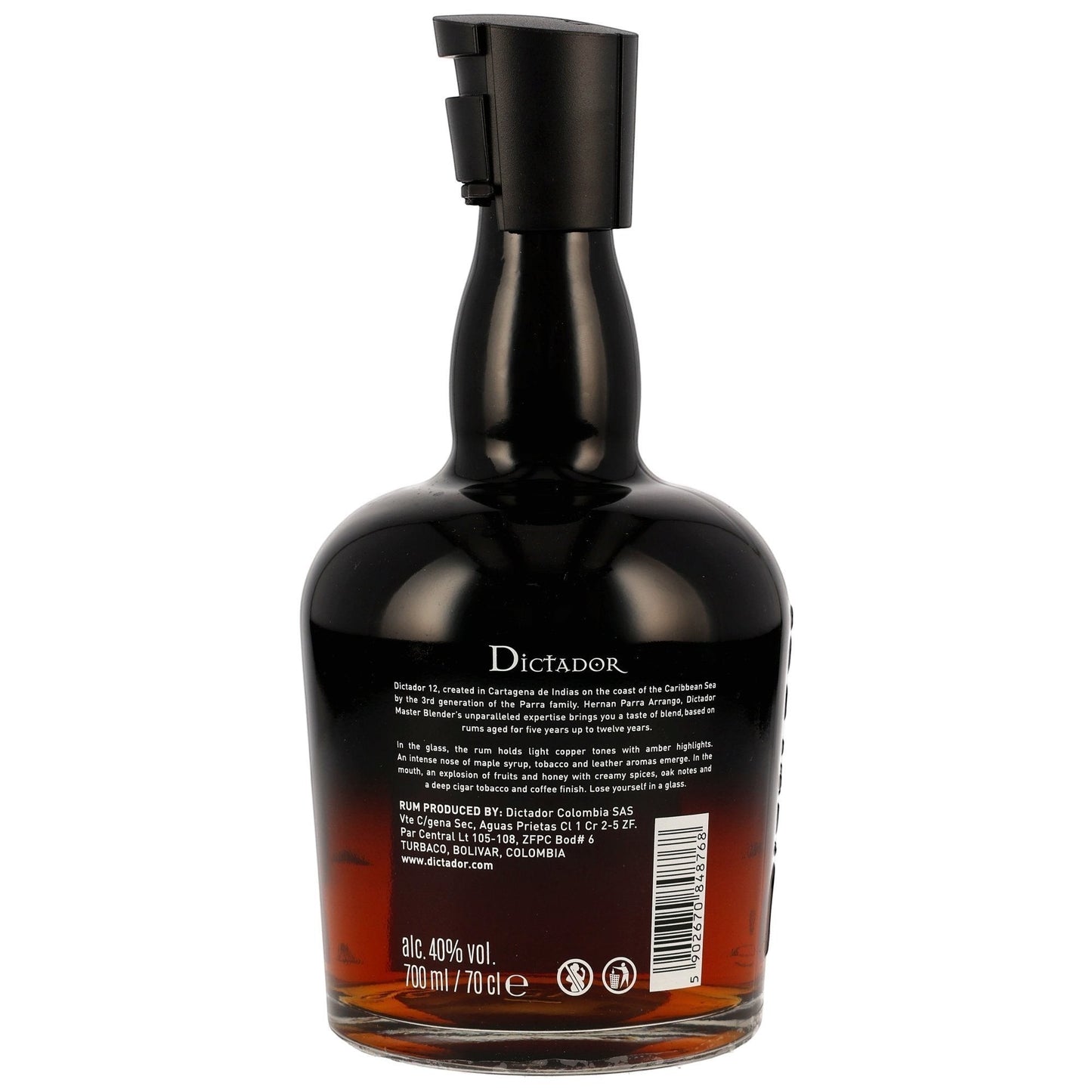 Schwarzbach Spirits DICTADOR 12 Jahre Ron Colombiano Rum, 40% Vol., 700 ml, bernsteinfarben, aus Zuckerrohrhonig im Solera-Verfahren gereift.