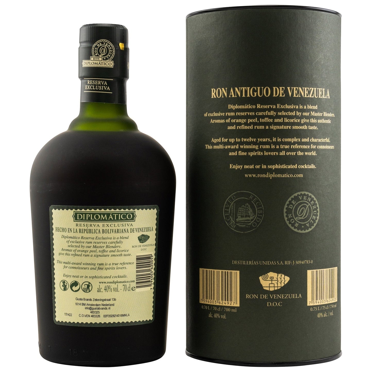 Schwarzbach Spirits DIPLOMATICO Reserva Exclusiva Rum in bernsteinfarbener Flasche mit Tube, 40% Vol.