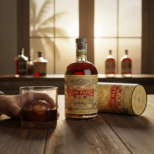 Schwarzbach Spirits Don Papa 7 Year Old Single Island Rum, aged in oak, 40% ABV, 70cl bottle with ornate gold and red label featuring a portrait and gecko.