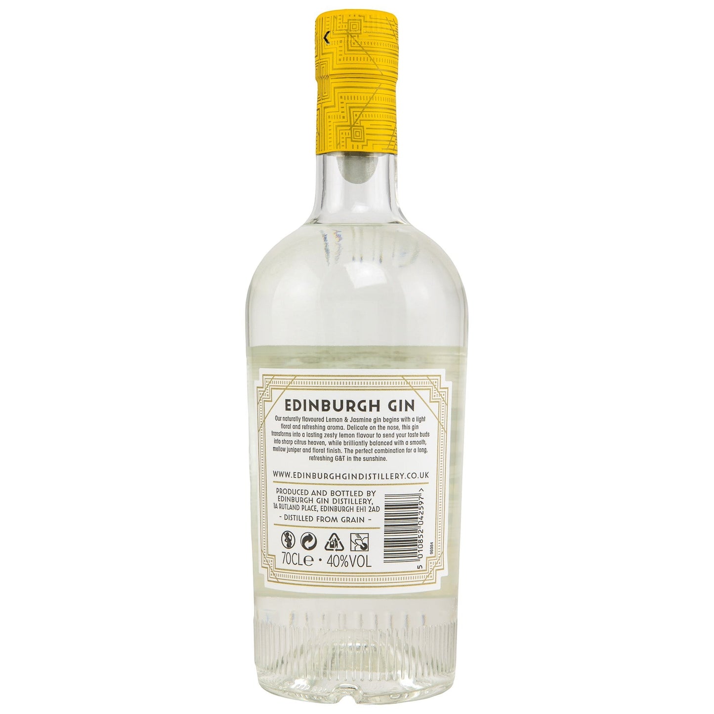 Schwarzbach Spirits Edinburgh Gin Lemon & Jasmine 40% Vol. 70cl Flasche mit gelbem Etikett und detailliertem Muster auf dem Verschluss.
