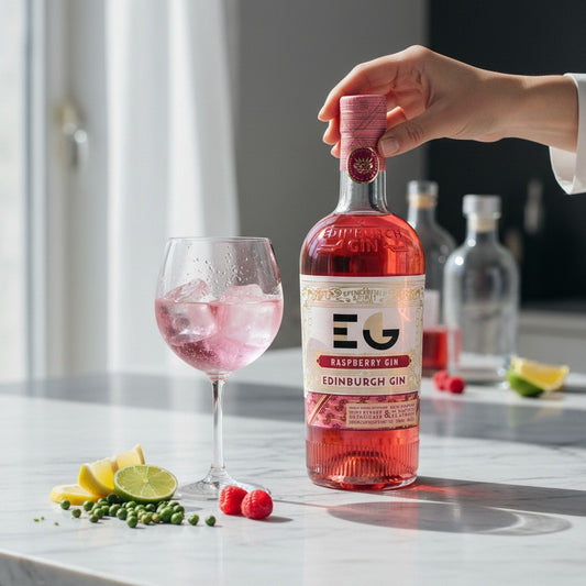 Schwarzbach Spirits Edinburgh Raspberry Gin 40% Vol. 0.7L in einer Glasflasche mit rosa Etikett und Himbeermotiv.