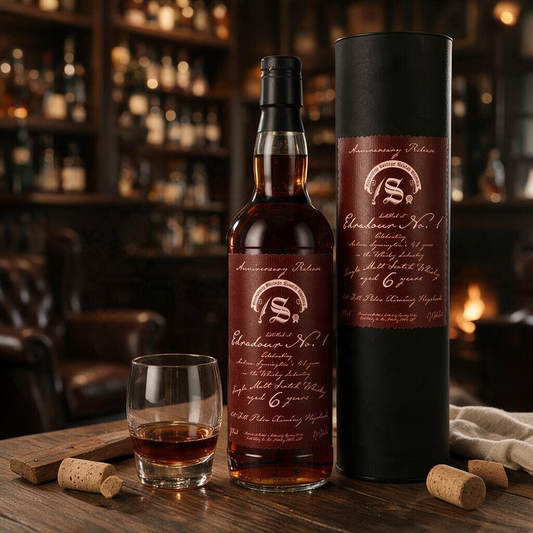Schwarzbach Spirits Edradour No. 1 6 Jahre Whisky mit dunkler Farbe, Flasche und Tube auf einem Holztisch mit Glas.