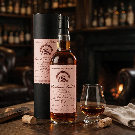 Schwarzbach Spirits Edradour No. 2 8 Jahre Single Malt Whisky in Flasche und Tube mit Nosingglas auf Holztisch