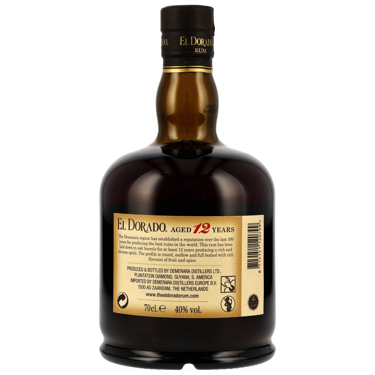 Schwarzbach Spirits El Dorado 12 Jahre Demerara Rum Flaschenrückseite mit Etikett und Informationen zur Herkunft