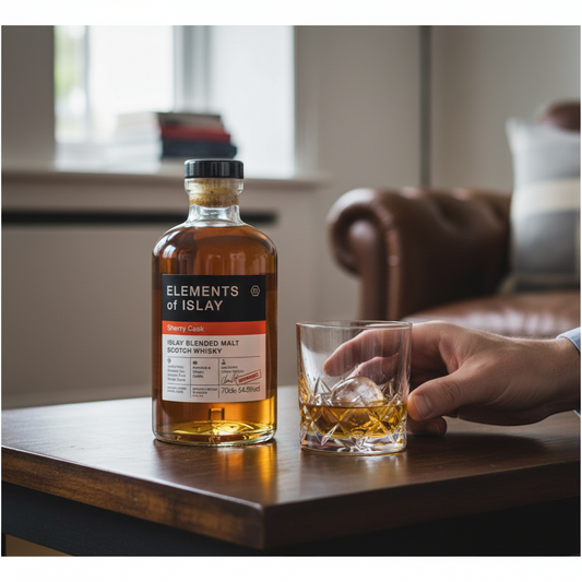Schwarzbach Spirits Elements of Islay Sherry Cask blended malt Scotch whisky, 70cl bottle, 54.5% vol. Amber liquid, non-chill filtered.