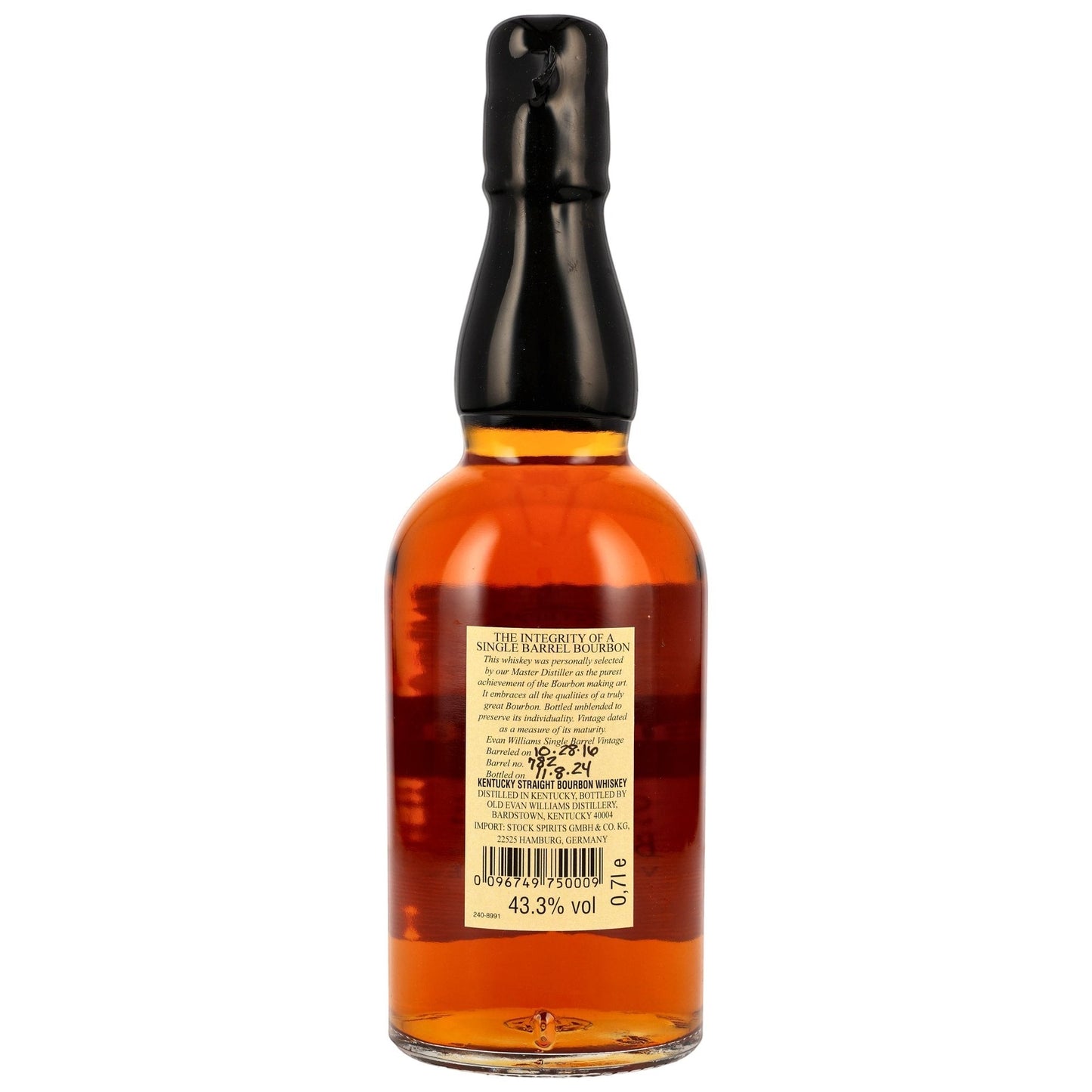 Rückseite der Evan Williams 2016 Single Barrel Bourbon Flasche von Schwarzbach Spirits mit Etikettendetails