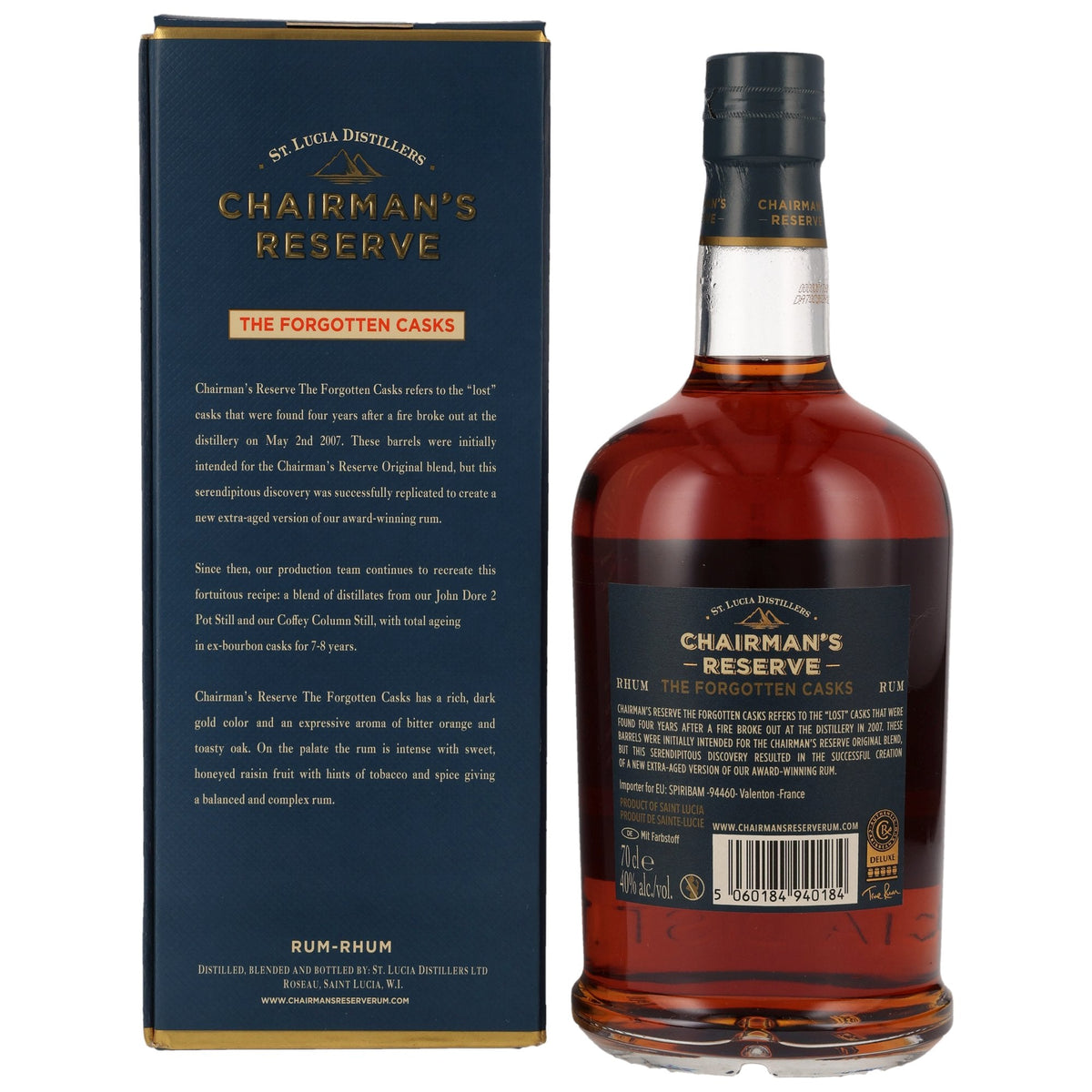 Schwarzbach Spirits Chairman's Reserve The Forgotten Casks Rum Flasche mit Geschenkverpackung aus St. Lucia