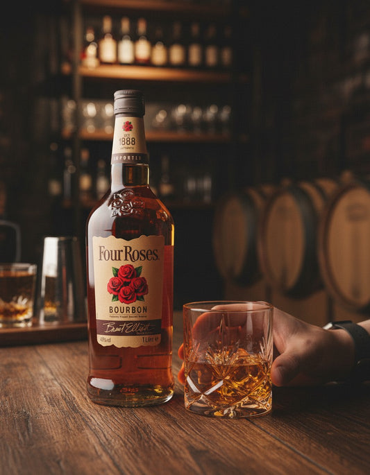 Schwarzbach Spirits Four Roses Kentucky Straight Bourbon 1 Liter Flasche mit Glas auf einem Holztisch in einer Bar.