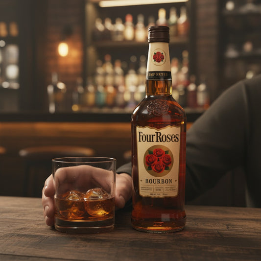 Schwarzbach Spirits Four Roses Bourbon Whiskey mit 40% Vol. in einer Glasflasche mit einem Glas Eiswürfel daneben.