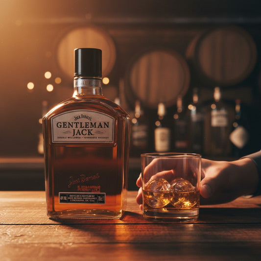 Schwarzbach Spirits Jack Daniel's Gentleman Jack Tennessee Whiskey, 40% Vol., 70cl. Amberfarbener Whiskey in klarer Glasflasche mit silbernem Etikett.
