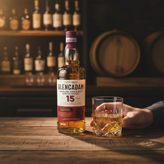 Schwarzbach Spirits Glencadam 15 Years Highland Single Malt Scotch Whisky in a clear glass bottle with a cream and red label, aged 15 years, 46% vol.