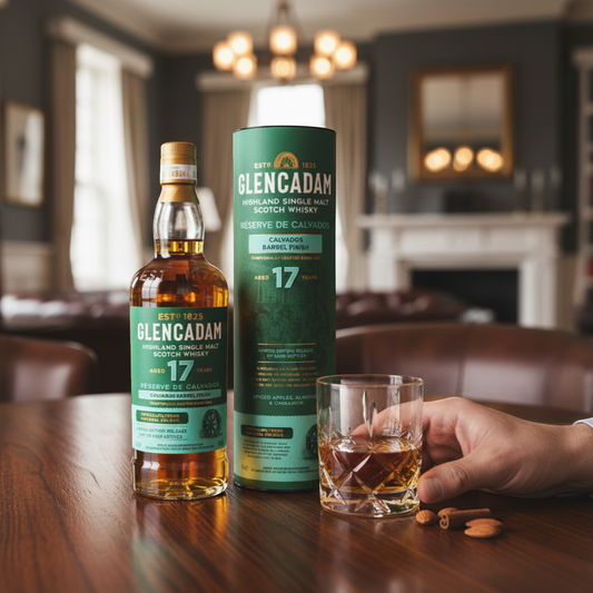 Schwarzbach Spirits Glencadam 17 Year Reserve de Calvados Highland Single Malt Scotch Whisky, 46% Vol., 70cl bottle with green tube packaging.