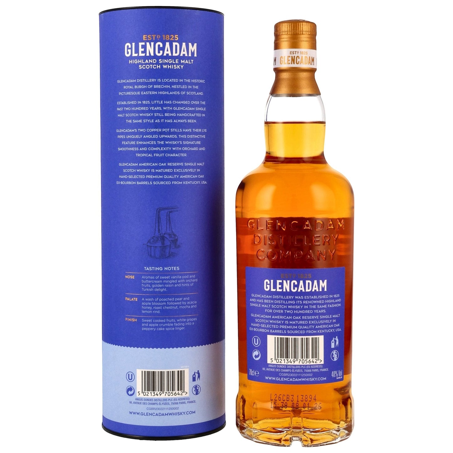 Schwarzbach Spirits Glencadam American Oak Reserve Whisky Flasche mit blauer Geschenkverpackung und Tasting Notes
