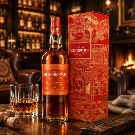 Schwarzbach Spirits GlenDronach The Sevillian Room Whisky in 1L Flasche mit roter Schmuckverpackung auf Holztisch
