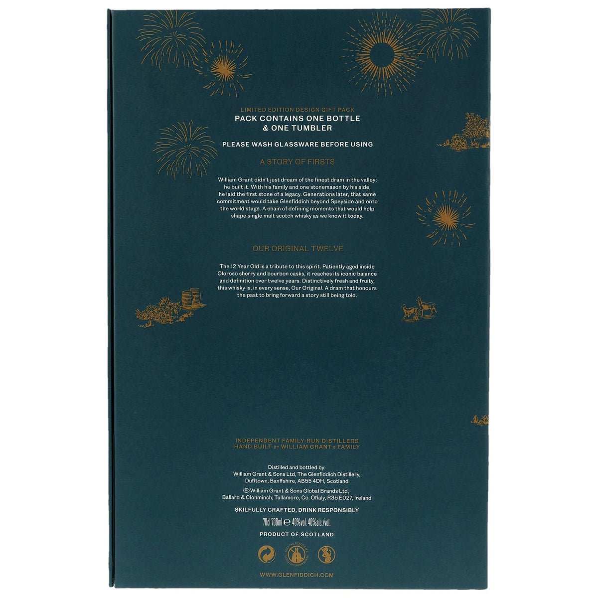 Schwarzbach Spirits Glenfiddich 12 Jahre Limited Design 2026 Geschenkverpackung Rückseite mit goldenen Illustrationen