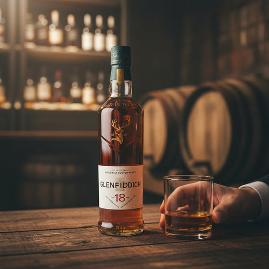 Schwarzbach Spirits Glenfiddich 18 Jahre Single Malt Scotch Whisky Flasche neben einem Glas auf einem Holztisch