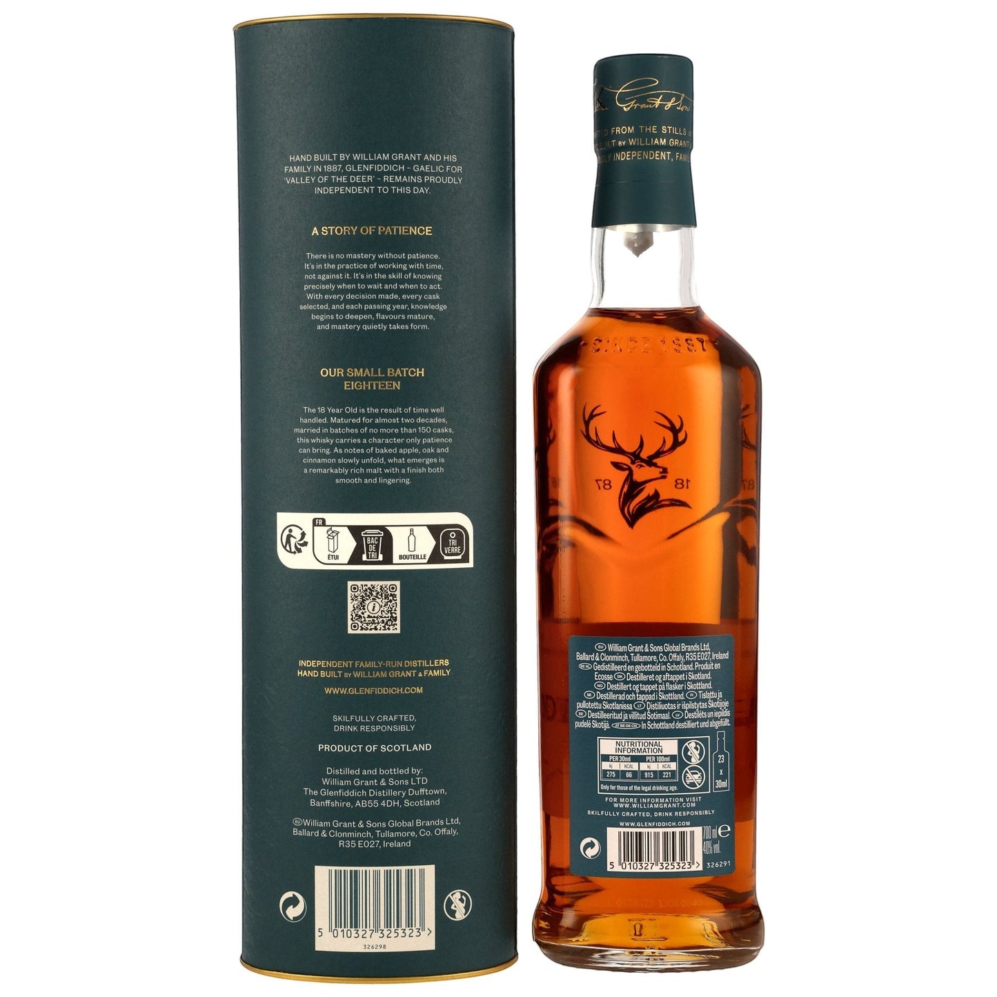 Schwarzbach Spirits Glenfiddich 18 Jahre Scotch Whisky Flasche mit dunkler Geschenkverpackung und Hirsch-Logo