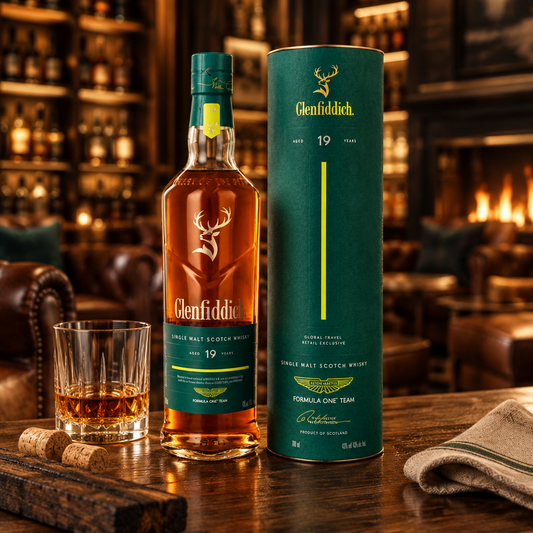 Schwarzbach Spirits Glenfiddich 19 Jahre Aston Martin F1 Limited Edition Whisky mit Geschenkdose auf Holztisch