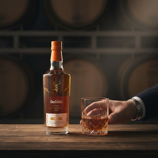 Schwarzbach Spirits Glenfiddich 21 Years Gran Reserva Single Malt Scotch Whisky in a clear bottle with an orange label and cap, presented with its orange gift box.