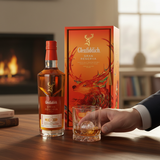 Schwarzbach Spirits Glenfiddich 21 Year Old Gran Reserva Rum Cask Finish Chinese New Year 2025 Edition whisky bottle and gift box with vibrant red and orange artwork.