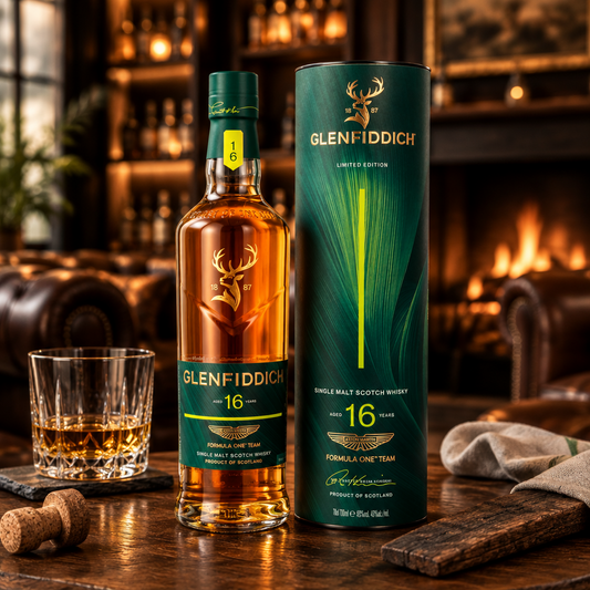 Schwarzbach Spirits Glenfiddich 16 Jahre Aston Martin F1 Limited Edition 2026 Flasche mit grüner Dose und Glas