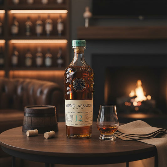 Schwarzbach Spirits Glenglassaugh 12 Year Old Highland Single Malt Scotch Whisky bottle with a glass on a wooden table