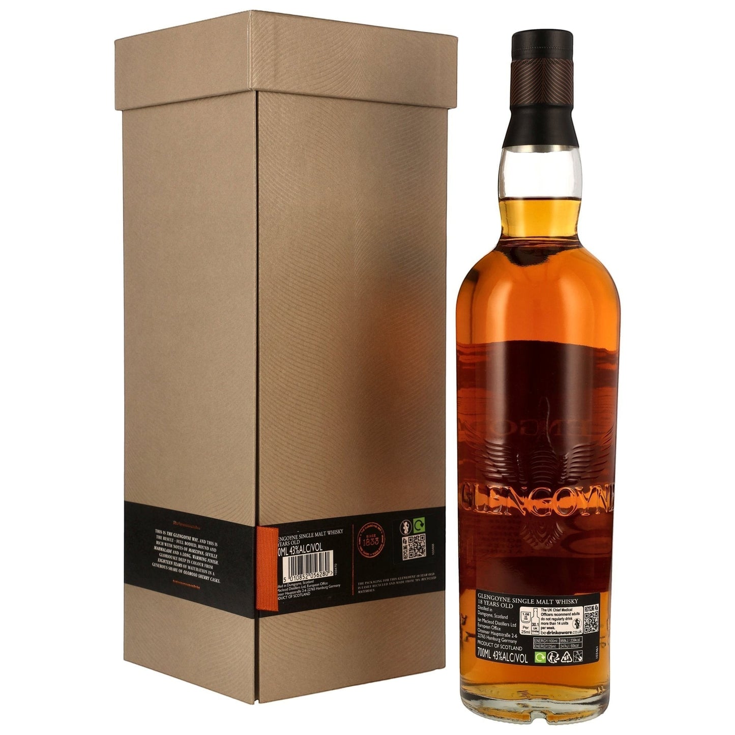 Schwarzbach Spirits Glengoyne 18 Year Old single malt Scotch whisky in a clear glass bottle with a brown label and gift box.