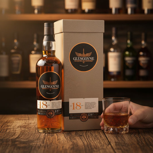 Schwarzbach Spirits Glengoyne 18 Year Old Highland Single Malt Scotch Whisky in a glass bottle with presentation box. Amber liquid, 43% Vol.