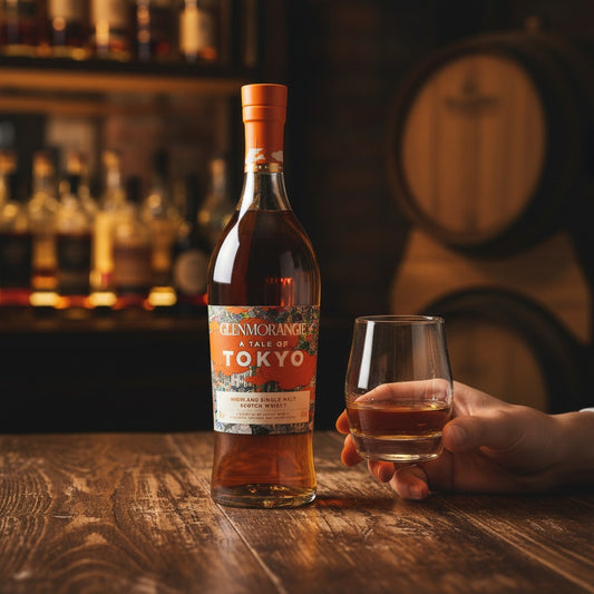 Glenmorangie A Tale of Tokyo Limited Edition Highland Single Malt Scotch Whisky in einer Flasche mit orangefarbenem Etikett und passender Geschenkverpackung, 46% Vol.