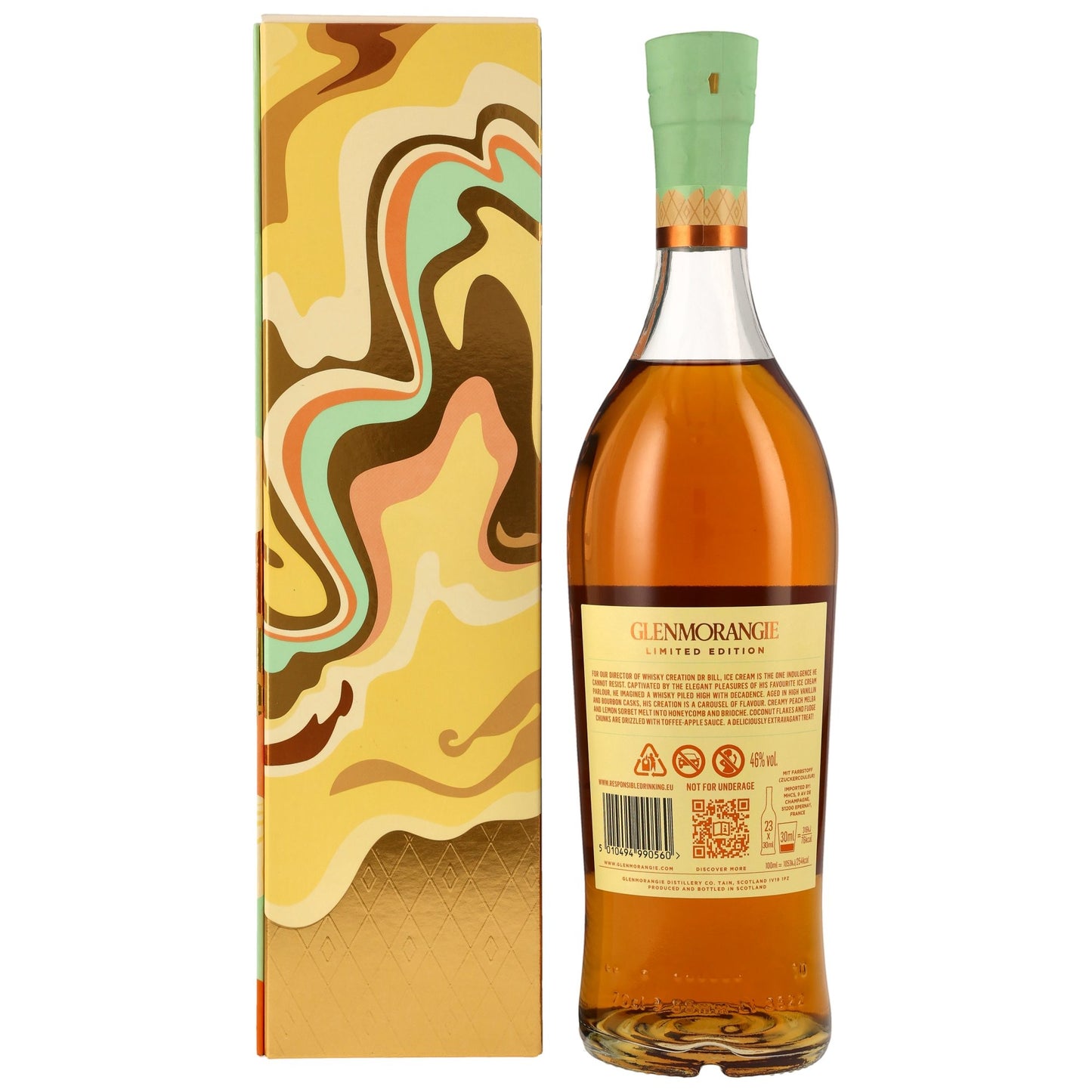 Glenmorangie A Tale of Ice Cream Limited Edition Whisky 46% Vol. in einer Flasche mit bunter Verpackung.