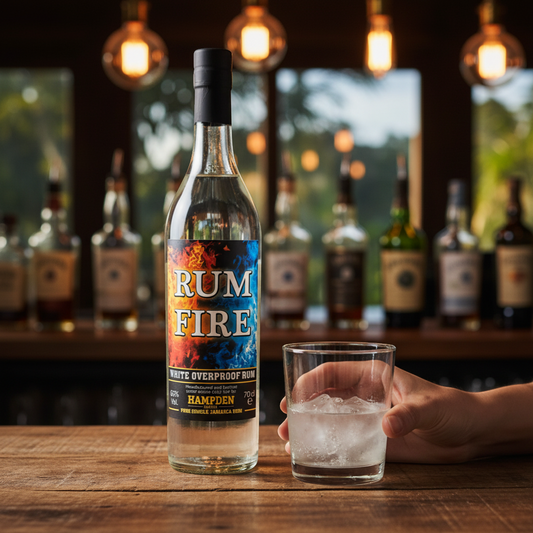 Schwarzbach Spirits Hampden Rum Fire white overproof rum, 63% Vol. Pure Single Jamaica Rum in a clear glass bottle with a black cap.