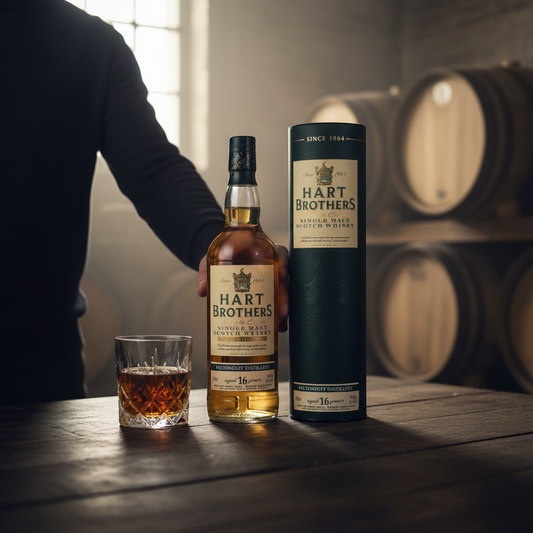 Schwarzbach Spirits Hart Brothers Miltonduff 16 Year Old single malt Scotch whisky, 700ml bottle and tube packaging.