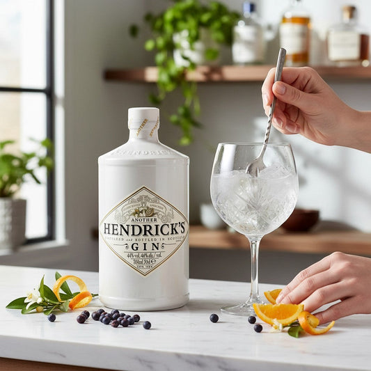 Schwarzbach Spirits: Hendrick's Another Gin Flasche mit Orangen- und Blaubeer-Garnitur und einem mit Eis gefüllten Glas.