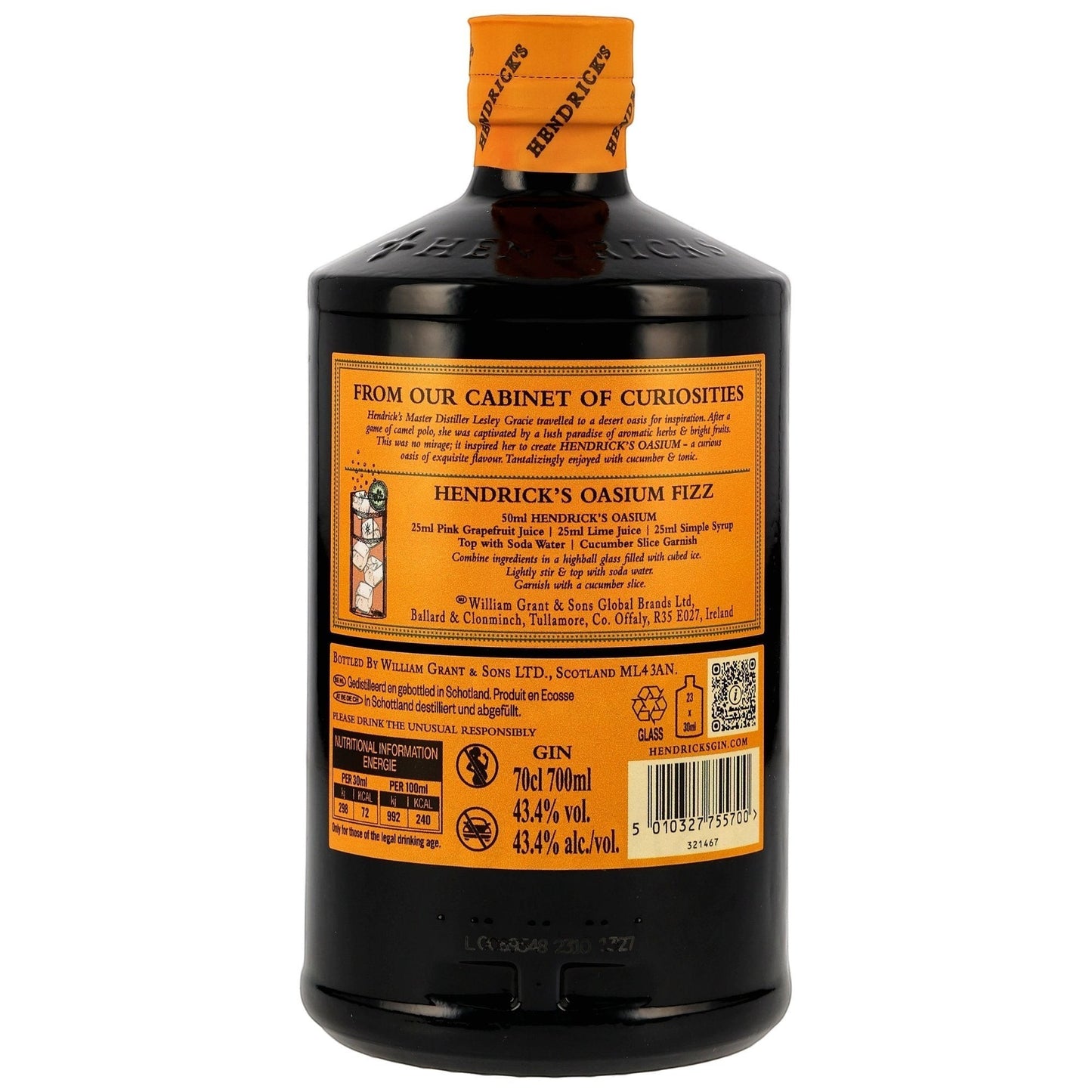 Schwarzbach Spirits: Hendrick's Oasium Gin 70cl Flasche mit 43,4% Vol. Limited Edition mit floralen und fruchtigen Noten.