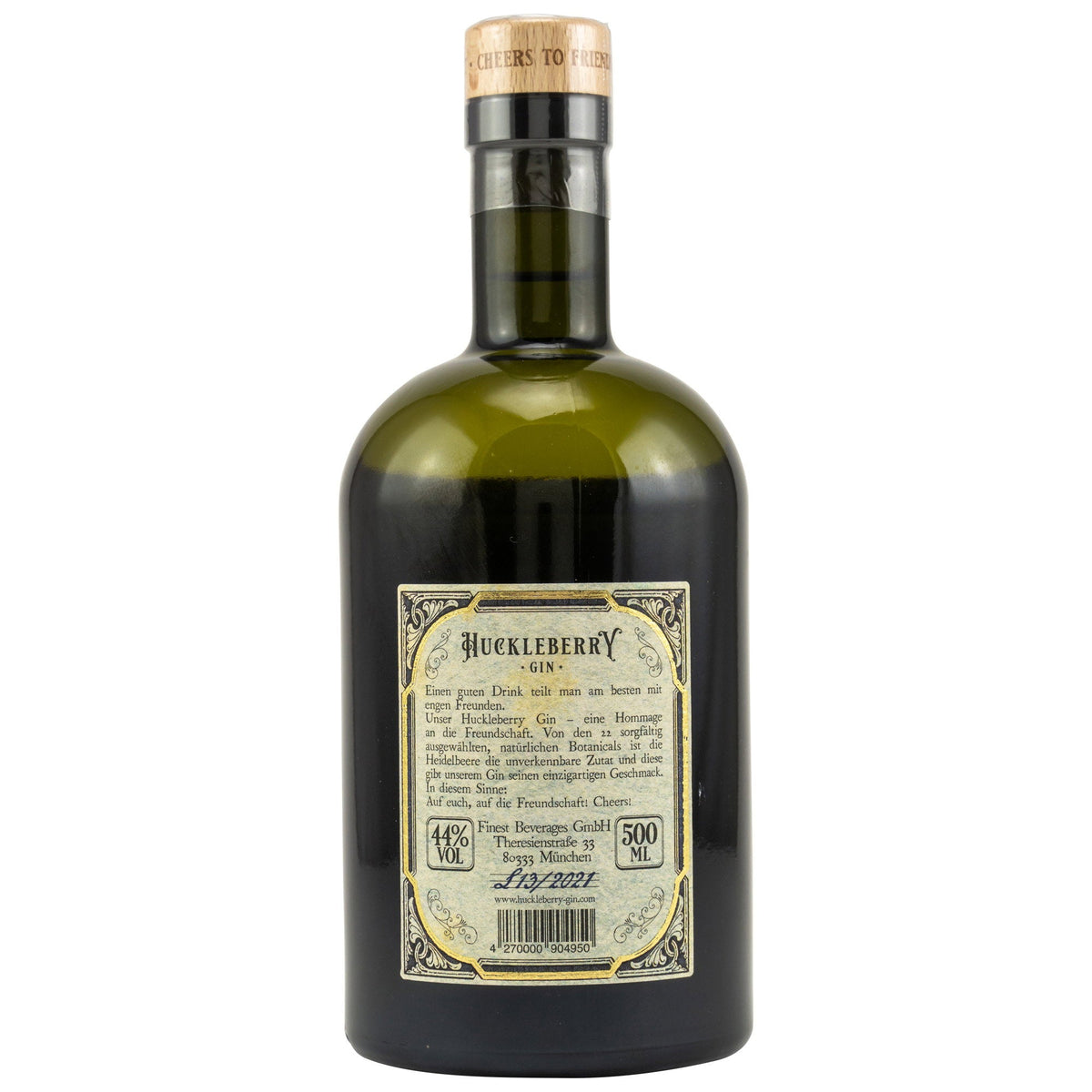 Schwarzbach Spirits HUCKLEBERRY Gin Flaschenrückseite mit Etikett und Informationen zu Botanicals und Herkunft