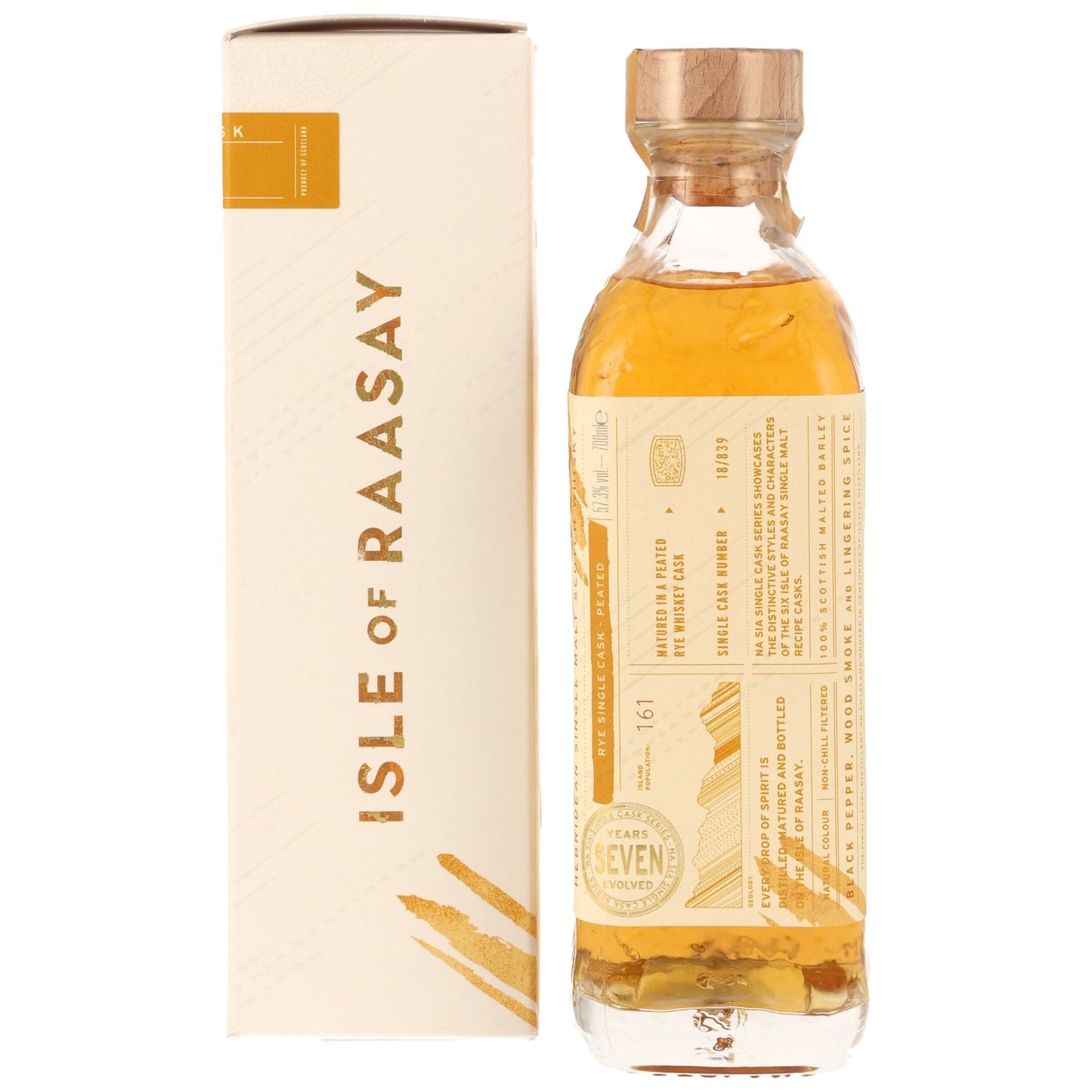 Schwarzbach Spirits Isle of Raasay 7 year old peated single malt whisky bottle and box with rye cask label details