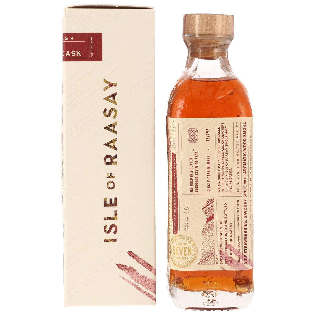 Schwarzbach Spirits Isle of Raasay 7-year-old peated single malt whisky in a Bordeaux red wine cask with gift box.
