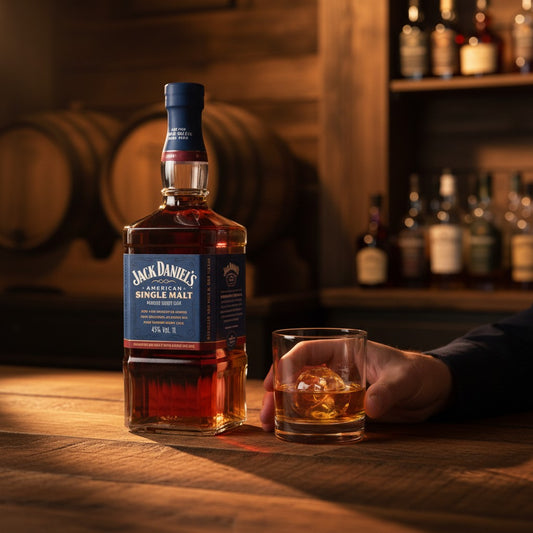Schwarzbach Spirits Jack Daniel's American Single Malt Oloroso Sherry Cask Whiskey, 45% Vol. 1L, amber liquid in a distinctive square bottle with a dark blue label.