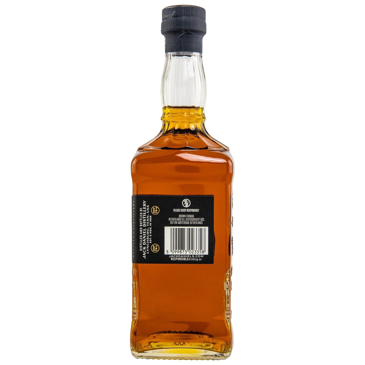 Schwarzbach Spirits Jack Daniel's Bonded Tennessee Whiskey, 50% Vol., amber colour, in a clear glass bottle with a black label and dark blue cap.