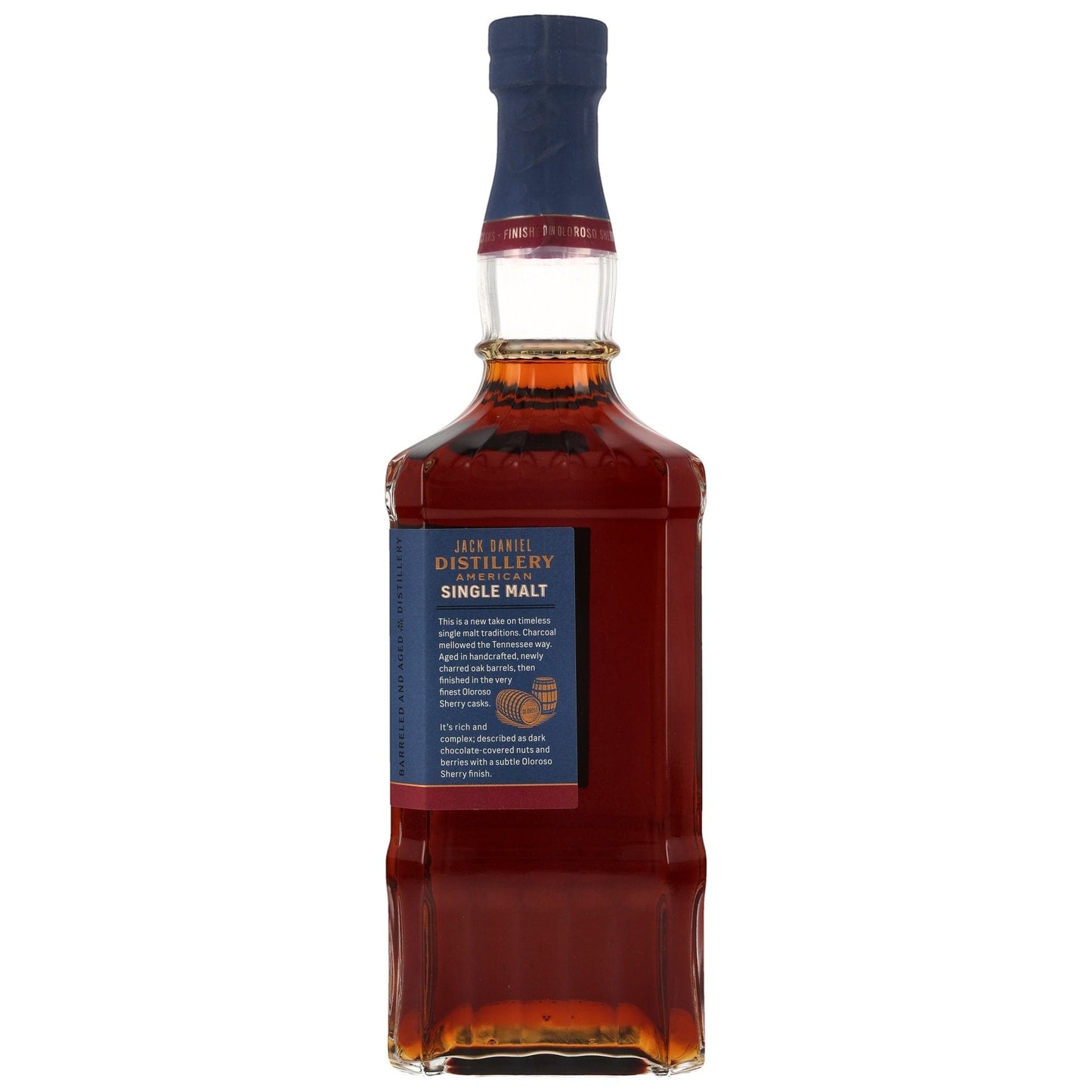 Schwarzbach Spirits: Jack Daniel's American Single Malt Oloroso Sherry Cask Whiskey bottle with dark amber liquid and blue label.
