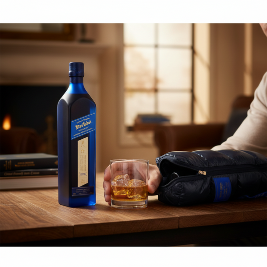Schwarzbach Spirits JOHNNIE WALKER Blue Label Ice Chalet blended Scotch whisky bottle with a navy puffer-style insulated bag.