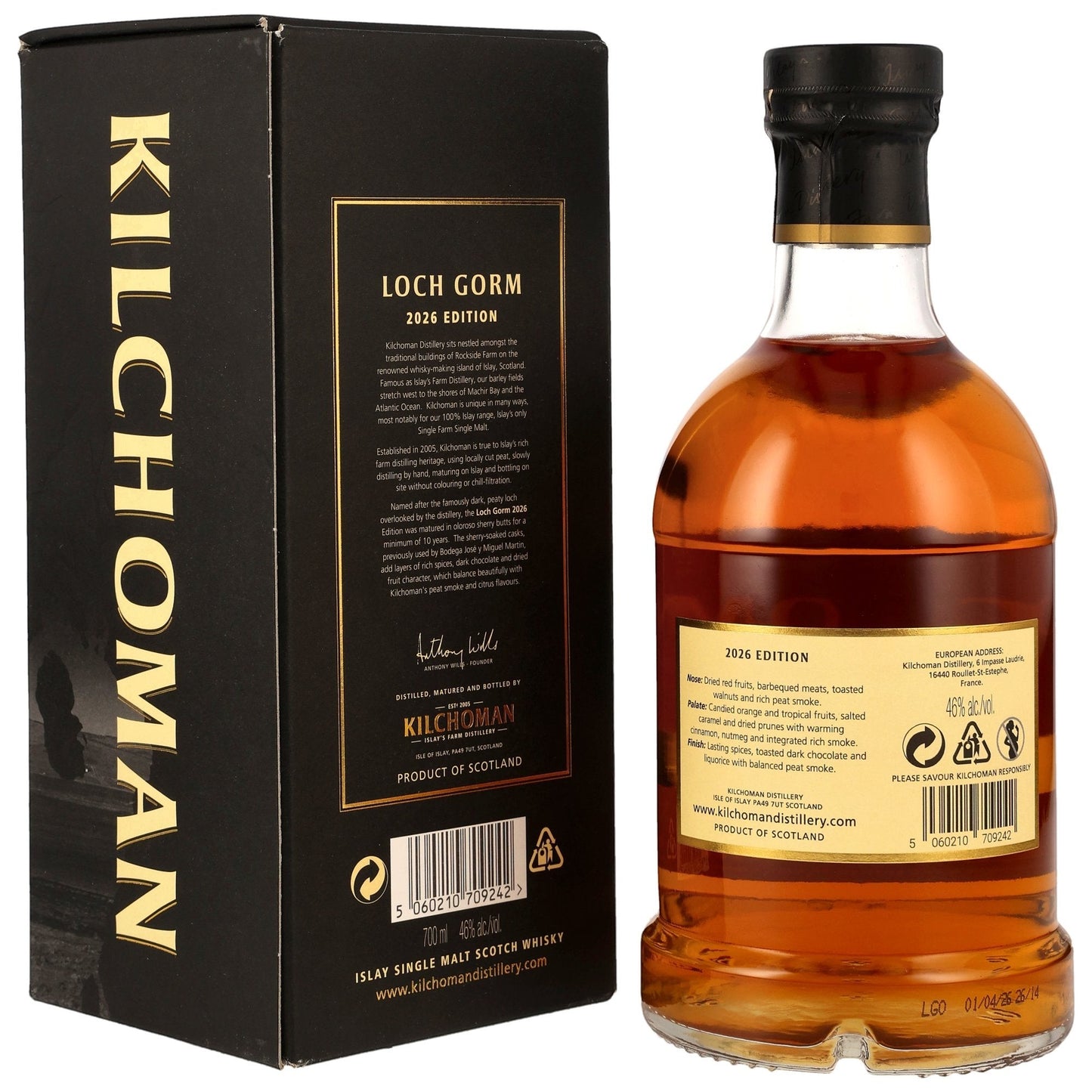 Schwarzbach Spirits: Kilchoman Loch Gorm 10 Jahre Oloroso Sherry Butts 2026 Limited Edition Single Malt Scotch Whisky in Glasflasche mit schwarzer Geschenkbox.