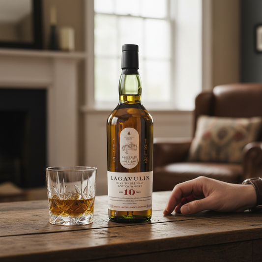 Schwarzbach Spirits Lagavulin 10 Year Islay Single Malt Scotch Whisky, aged 10 years, 43% Vol. in a clear bottle with a black cap.