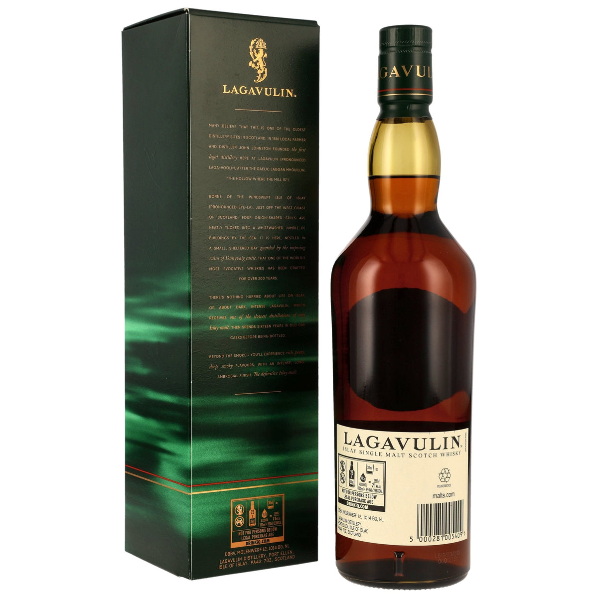 Schwarzbach Spirits Lagavulin 16 Jahre Islay Single Malt Whisky Flasche mit grüner Geschenkverpackung
