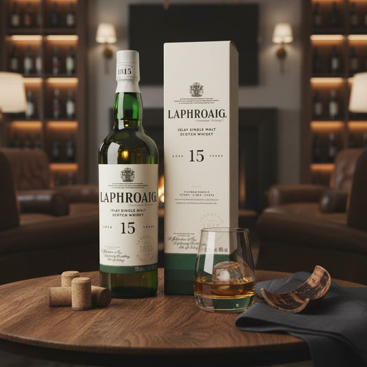 Schwarzbach Spirits Laphroaig 15 Year Old Islay Single Malt Scotch Whisky bottle and box with a glass of whisky.