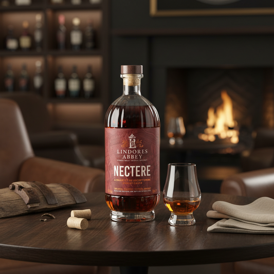 Schwarzbach Spirits Lindores Abbey Nectere single malt whisky bottle and glass on a wooden table by a fireplace