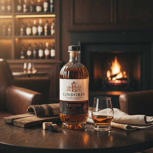 Schwarzbach Spirits bottle of Lindores Abbey Thiron 2024 Limited Edition whisky with a glass on a wooden table.