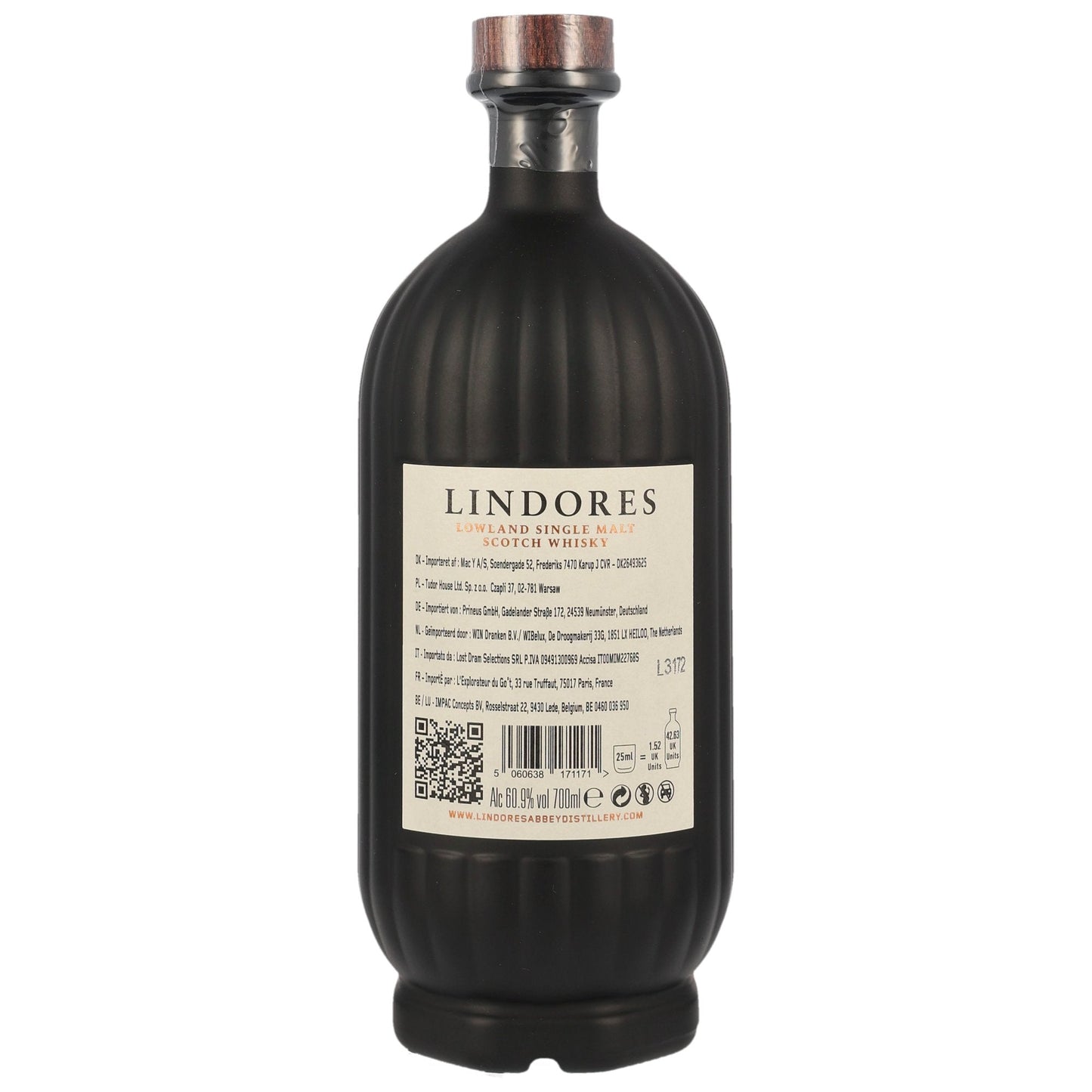 Schwarzbach Spirits Lindores Abbey Friar John Cor Chapter II whisky bottle back label with 60.9% ABV details